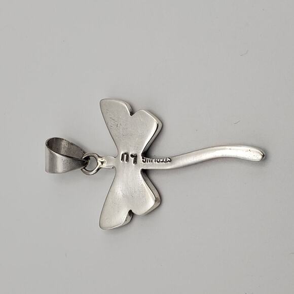 Dragonfly Blue Opal Orange Gemstone Micro Inlay Sterling Silver Pendant - Picture 6 of 7